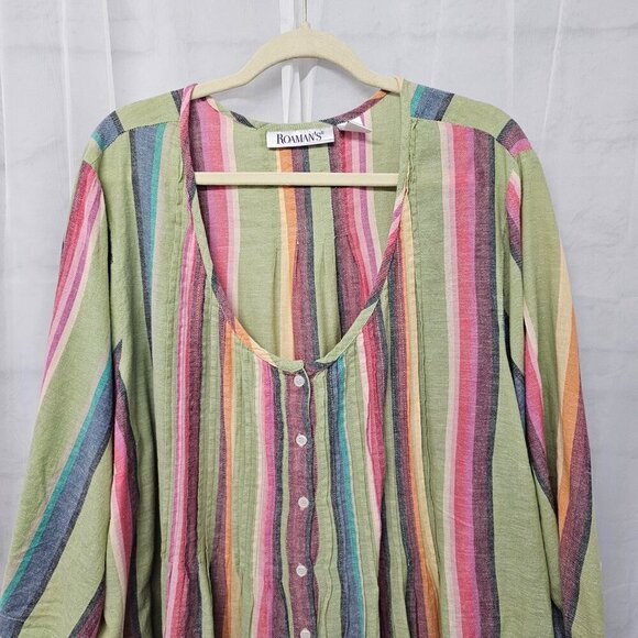 Roaman's Green Rainbow Striped Peasant Blouse Pintuck Festival 32W - Picture 2 of 10